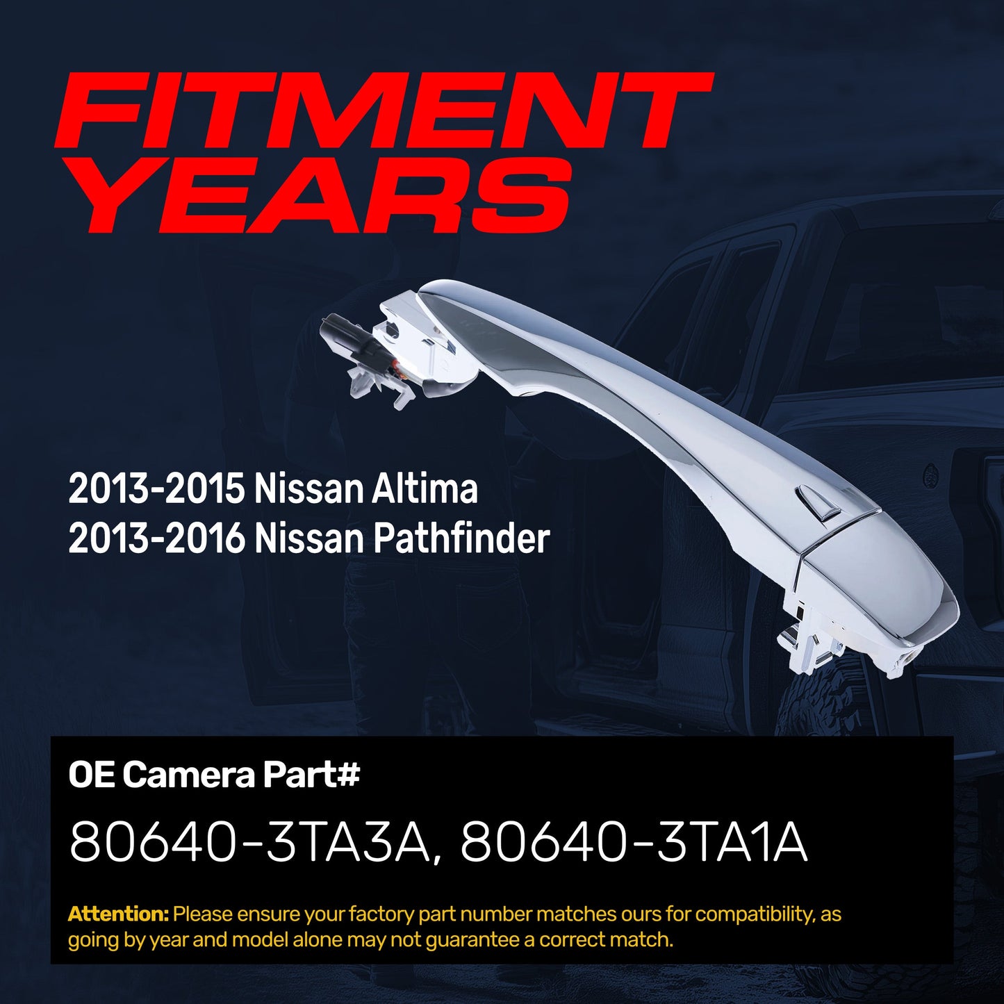 Exterior Door Handle Chrome Replacement for Nissan Altima (13-15), Pathfinder (13-16) OE Part # 80640-3TA3A, 80640-3TA1A | Front Right Passenger Side w/o Keyhole